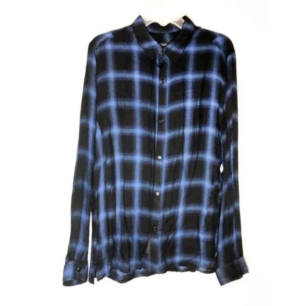 Religion Long Sleeve Black & Blue Flannel Shirt Size Large